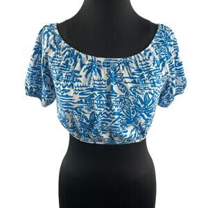 ZARA Girls Cropped Top Blue White Off the Shoulder Short Puff Sleeve Size 13-14